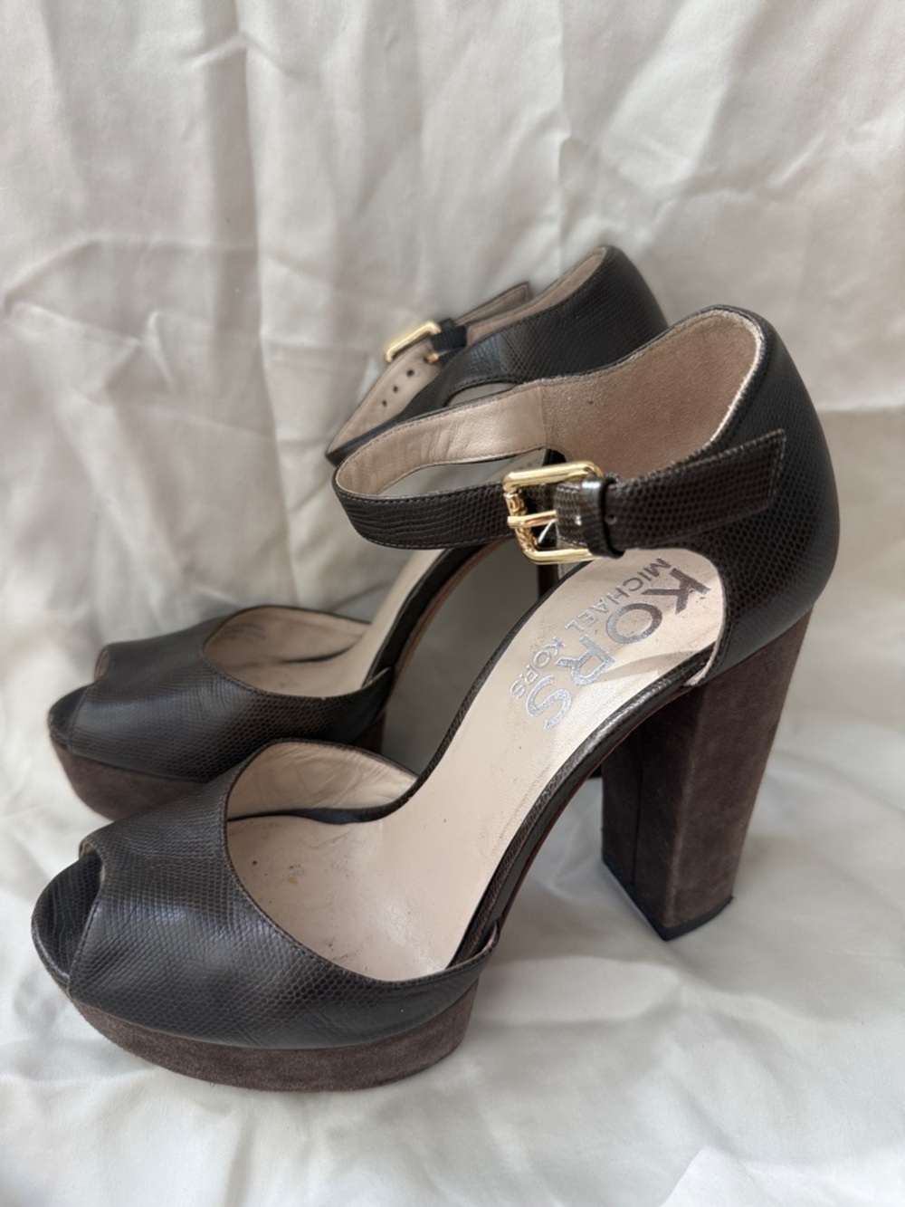 KORS Michael Kors Dark Brown Leather Peep-Toe Platform Heels with Ankle Strap